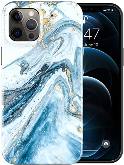 VIVIBIN iPhone 12 Case,iPhone 12 Pro Case,Soft Silicone TPU Cover with Fashinable Designs for Women Girls,Shockproof Slim Fit Protective Phone Case for iPhone 12/12 Pro 6.1" Opal Marble Blue Gold