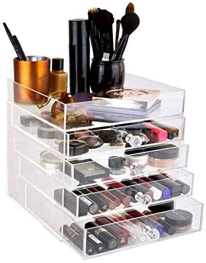 daisi 5 Tier Clear Acrylic Cosmetic Makeup Cube Organizer | 4 Drawers   Open Top Compartment Shelf | Large Beauty Products and Jewelry Storage Box with Acrylic knobs | 9.5 inch cube