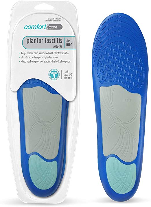 Comfort Zone Plantar Fasciitis Orthotic Insoles for Men, Relieves Pain Associated with Plantar Fasciitis, Sizes 8-13, 1 Pair