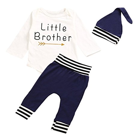 OUTGLE Newborn Baby Boy Little Brother Romper   Blue Stripe Trousers   Hat Clothing Set Autumn Outfits …