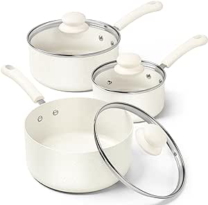 MICHELANGELO Sauce Pan Set With Lid, 1QT&2QT&3QT Granite Saucepans, Nonstick Saucepan Set, PFAS-FREE Pot Set, Small Pots For Cooking, Multipurpose Cooking Pots Set, White Granite