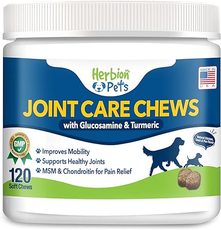 Herbion Pets Joint Care Chews with Glucosamine & Turmeric, 120 Soft Chews – MSM & Chondroitin for Pain Relief – Improves Mobility – Supports Healthy Joints – Made in USA. – for Dogs 12 Weeks