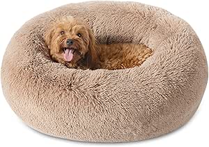 Bedsure Calming Dog Bed for Small Medium Dogs - Donut Washable Medium Pet Bed, 27 inches Anti-Slip Round Fluffy Plush Faux Fur Cat Bed, Camel