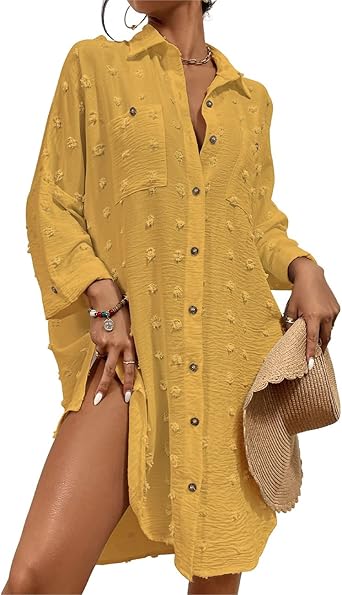 Bsubseach Women Swimsuit Coverup Blouse Button Down Shirt Dresses Swiss Dot Tops