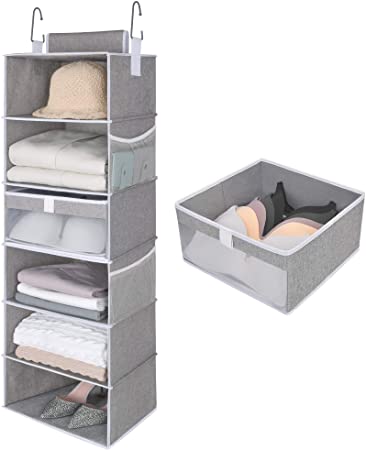 StorageWorks 6-Shelf Large Hanging Closet Shelves, Hanging Closet Organizer with 1 Drawer, Canvas, Gray, 13.6" W x 12.2" D x 42.5" H