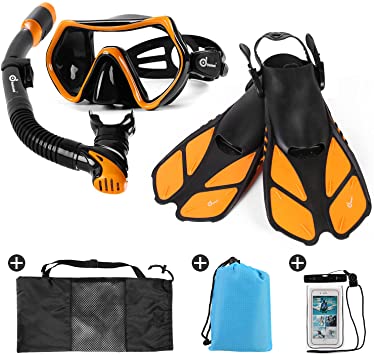 Odoland Snorkel Set 6-in-1 Snorkeling Packages with Diving Mask, Adjustable Swim Fins, Mesh Bag, Waterproof Case and Beach Blanket, Anti-Fog Anti-Leak Snorkeling Gear for Men Women Adult