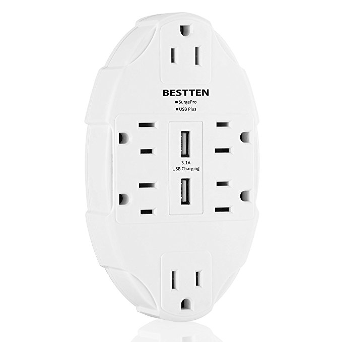 Bestten 6 Outlet Socket Wall Mount Surge Protector with Dual USB 3.1A Port Wall Charger