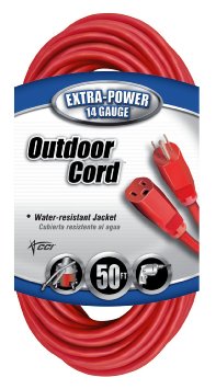 Coleman Cable 02408 14/3 SJTW Vinyl Outdoor Extension Cord, Red, 50-Foot