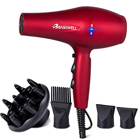 Basuwell Hair Dryer Professional 2100W Salon Hairdryer Ionic Far Infrared 2 Speed 3 Heat Cool Shot Setting AC Motor Blow Dryer With Diffuser/Concentrator/Comb Air Nozzle - UK Plug Red