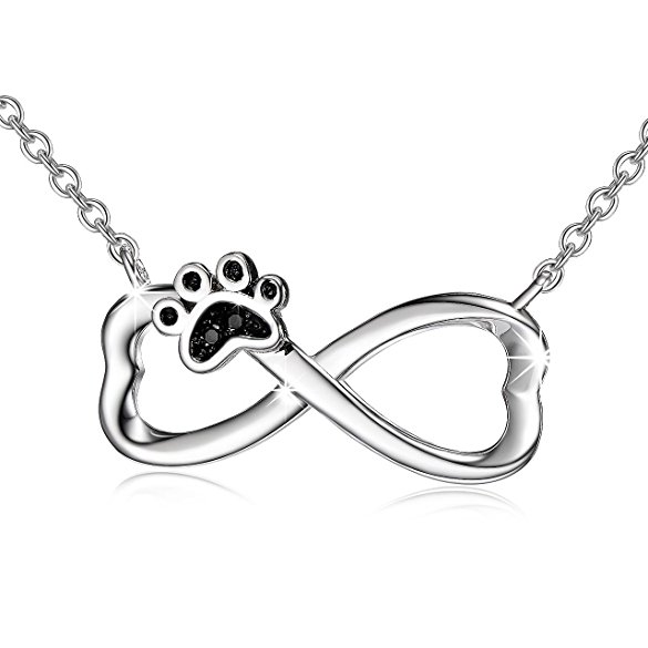 Infinity Necklace With Black Zircon Puppy Paw Pendant Sterling Silver Women Jewelry Sets