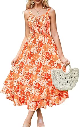 GRACE KARIN Women's 2024 Summer Floral Boho Dress Square Neck Strapped Swing A Line Beach Long Maxi Dress