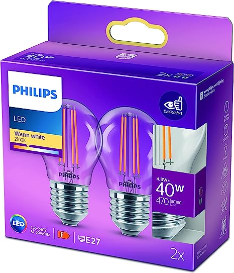 PHILIPS LED Premium Lustre Light Bulb [E27 Edison Screw] 4.3W - 40W Equivalent, Warm White (2700K)