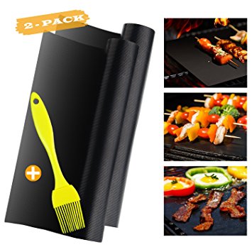 AIDOUT Grill Mat - Non Stick BBQ & Grilling Reusable Heavy Duty Heat Resistant Grill & Baking Pads for Gas, Charcoal, Electric Grill with Grill Brush(Set of 2)