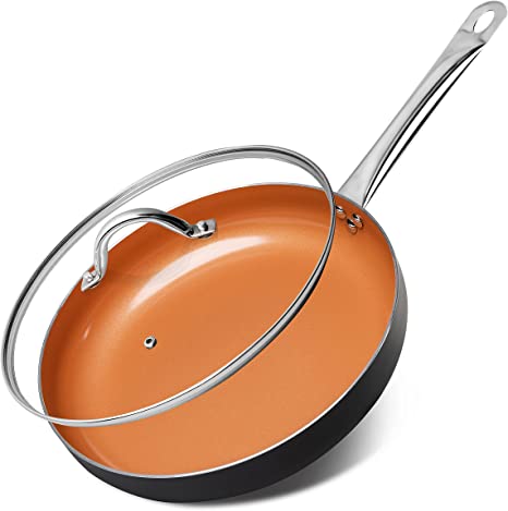 Michelangelo Nonstick Frying Pan with Lid - 12 Inch Nonstick Skillet Large Copper Ceramic Pan Non Stick Fry Pan Oven Safe Skillet Induction Applicable