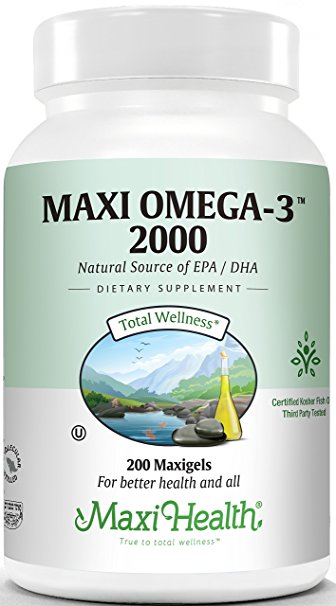 Maxi Health Omega-3 Fatty Acids "2000mg" - Fish Oil - Higher Potency - 200 Gels Capsules - Kosher