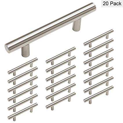 Brushed Nickel Drawer Pulls Kitchen Cabinet Handles 3In Hole Centers Stainless Steel Drawer Handles - Homdiy HD201SN 5In Overall Length T Bar Cabinet Knobs 20 Pack