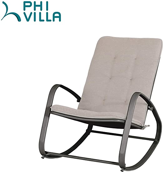 PHI VILLA Outdoor Patio Rocking Chair Padded Steel Rocker Chairs Support 300lbs, Black