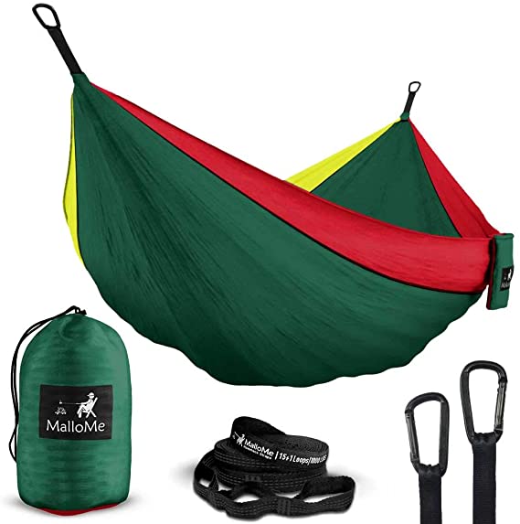 MalloMe Double & Single Portable Camping Hammock - Parachute Lightweight Nylon with Hammok Tree Straps Set- 2 Person Equipment Kids Accessories Max 1000 lbs Breaking Capacity - Free 2 Carabiners