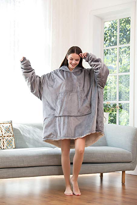 Reafort Ultra Soft One Size Fit All Micromink Reverse to Sherpa Sweatshirt Blanket, Hoody for Men, Women, Teen. … (Grey)