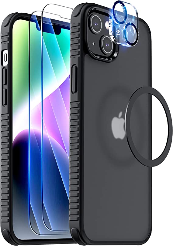 FLOVEME [5 in 1] for iPhone 14 Plus Case 6.7 inches, with 2 Pack Screen Protector   Camera Lens Protector, Translucent Matte Hard PC Back with Shockproof Protective Phone Guardian Cover, Matte Black