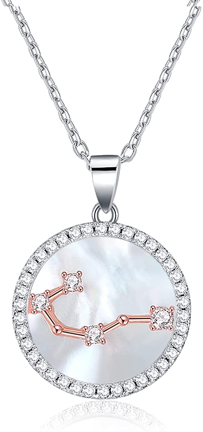 MEGA CREATIVE JEWELRY 925 Sterling Silver Astrology 12 Constellation Horoscope Zodiac Rose Gold Pendant Necklace for Women with Mother of Pearl Crystals Jewelry Gifts for Mom Wife Girls Her