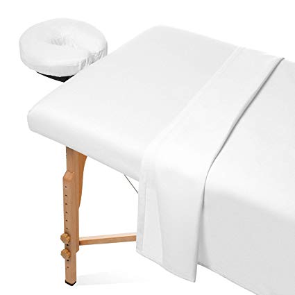 Saloniture 3-Piece Flannel Massage Table Sheet Set - Soft Cotton Facial Bed Cover - Includes Flat and Fitted Sheets with Face Cradle Cover - White