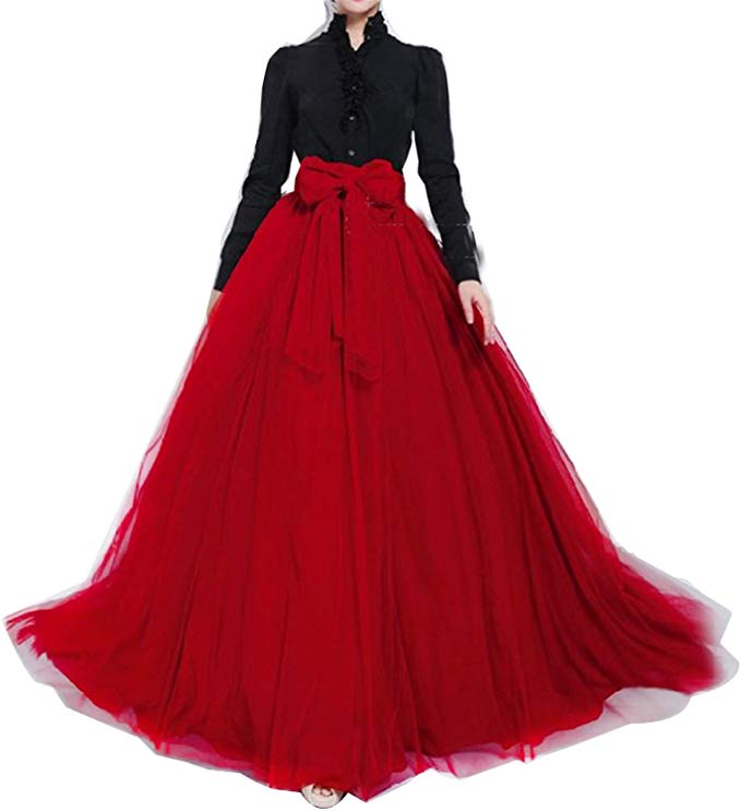 Women Wedding Long Maxi Puffy Tulle Skirt Floor Length A Line with Bowknot Belt High Waisted for Wedding Party Evening