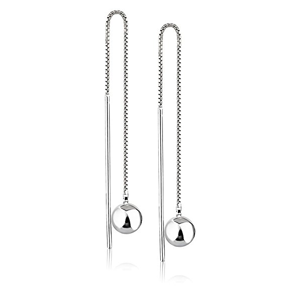 925 Sterling Silver Round Ball Minimalist Bar Threader Long Dangle Earrings, 78mm