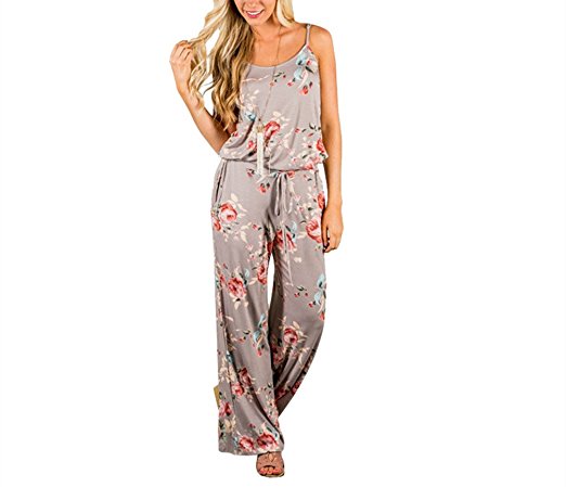 Xuan2Xuan3 Women Sexy Sleeveless Spaghetti Strap Waist Tie Floral Print Wide Leg Long Pant Casual Loose Jumpsuit Romper