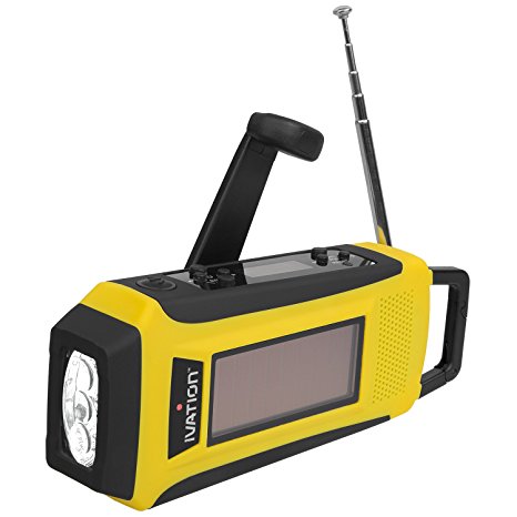 Ivation Solar & Hand Crank AM/FM/NOAA WB Digital Dynamo Radio, Emergency Phone Charger w/ Cables, 3 LED Flashlight, Rechargeable, Rainproof, & Compact