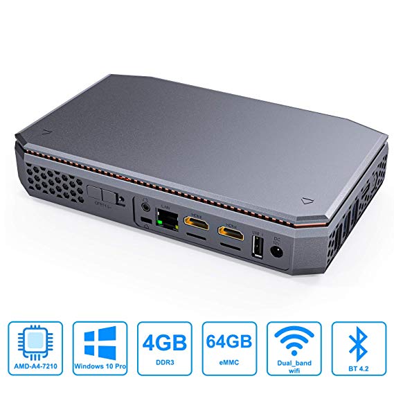 Mini PC with AMD A4-7210 CPU & Windows 10 Pro (64-bit), 4GB DDR3(DIY Upgradeable)   64GB eMMC Mini Desktop Computer with WiFi 2.4G/5G,Bluetooth 4.2，Support Built-in 2.5-Inch SATA SSD/HDD(Not Include)
