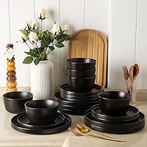 AmorArc Ceramic Dinnerware Sets of 4, Modern Flat Stoneware Plates and Bowls Sets,Chip and Crack Resistant | Dishwasher & Microwave Safe Dishes Set,Scratch Resistant- Service for 4 -Matte Black（12pcs）