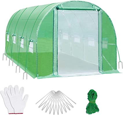 Large Walk-in Greenhouse, Ohuhu 13'x8.2'x6.6' Upgraded Green House with 2 Zippered Screen Doors & 8 Screen Windows, Heavy Duty Plastic Plant Warm House with Reinforced Frame, Ropes & Ground Staples