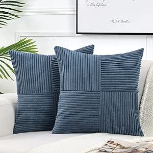 Fancy Homi 2 Packs Dusty Blue Decorative Throw Pillow Covers 22x22 Inch for Living Room Couch Bed Sofa, Farmhouse Boho Home Decor, Soft Corss Corduroy Patchwork Accent Square Cushion Case 55x55 cm