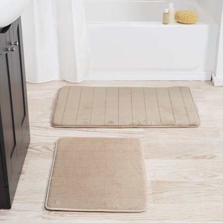 Lavish Home 2 Piece Memory Foam Striped Bath Mat, Taupe