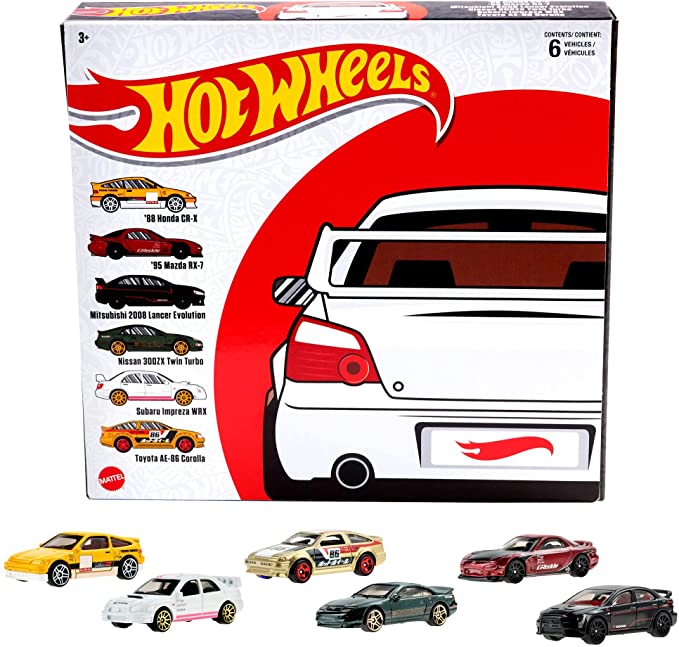 Hot Wheels Japanese Car Culture Multipacks of 6 Premium Toy Cars, 1:64 Scale, Authentic Decos, Popular Castings, Rolling Wheels, Gift for Kids 3 Years Old & Up & Collectors