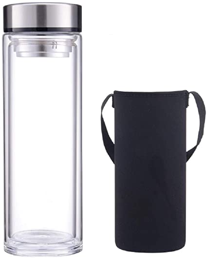 Sunkey Glass Water Bottle 1 Liter Travel Mug Double Walled Vacuum Insulated Tumbler with Infuser Leak Proof