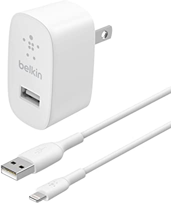 Belkin USB Charger 12W (USB Wall Charger for iPhone, iPad, AirPods, Samsung Galaxy, Google Pixel, More) iPhone Charger, Pixel Charger with 1M (3.3 ft) PVC USB-A to Lightning Cable, WCA002dq