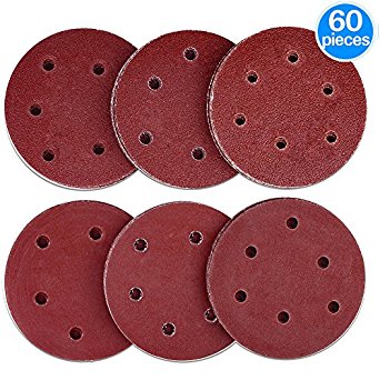 AUSTOR 60 Pieces 6 Holes Sanding Discs, 5 Inch Hook and Loop 40/ 60/ 80/ 120/ 180/ 240 Grit Sandpaper Assortment for Random Orbital Sander