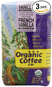 The Organic Coffee Co. Whole Bean, French Vanilla, 12 Ounce (Pack of 3)