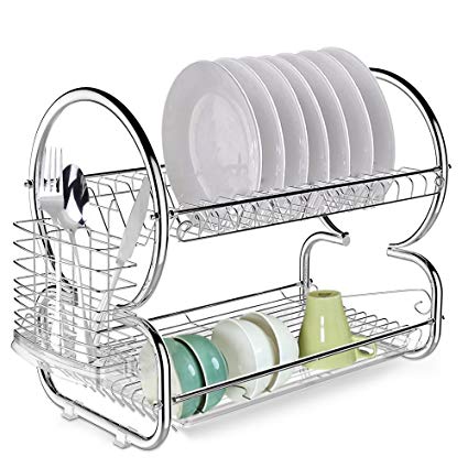 Fast 2-Tier Dish Rack Stainless Steel Kitchen Dish Drying Rack with Removable Drainboard Set & Cutlery Holder