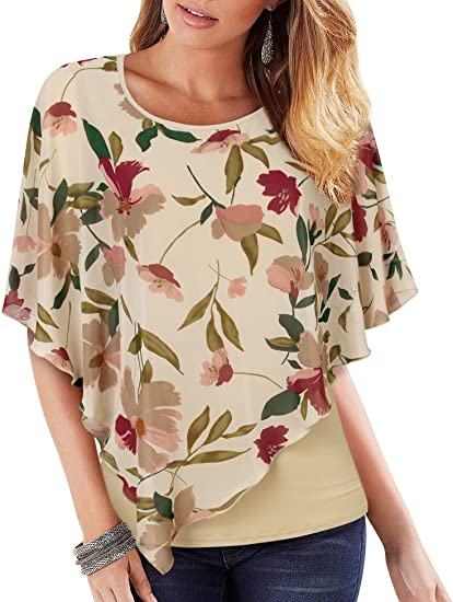 Lotusmile Women's Lightweight Flowy Shirt Double-Layered Printed Chiffon Poncho Blouse Top