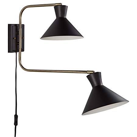 Rivet Mid-Century Swiveling Long Arms Pivoting Head Plug-In, Hardwire, or 2-in-1 Option Wall Sconce Light with Bulb, 19.5"H, Matte Black with Antique Brass