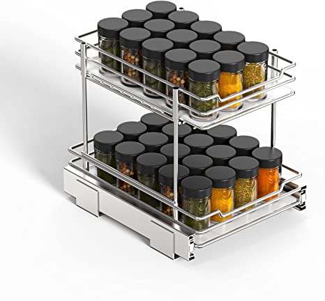 G-TING Pull Out Spice Rack Organizer for Cabinet, 2-Tier Slide Out Kitchen Cabinets and Pantry Closet Storage Shelf 8.6" W 10.4" D 9" H for Spices, Sauces, Bottle, Shot Glasses, Food and Cans, Chrome