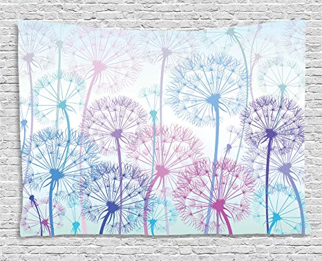 Ambesonne Dandelion Tapestry, Watercolor Abstract Floral Arrangement with Botany Inspirations Nature, Wall Hanging for Bedroom Living Room Dorm, 80 W X 60 L inches, Pale Blue Violet Pink