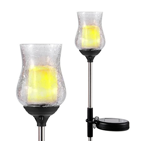 OxyLED OxyFlor SL06 Crackle Glass Glickering Candle LED Solar Garden Light, Outdoor Solar Power Light with Light Sensor, Warm White Light, 2 Pack