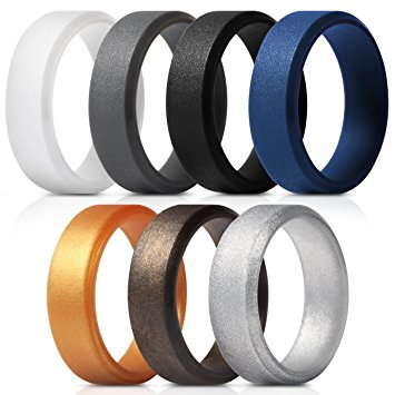 Saco Band Men's Silicone Rings Polished Aspect with Angled Design - 7 Pack Rubber Wedding Bands