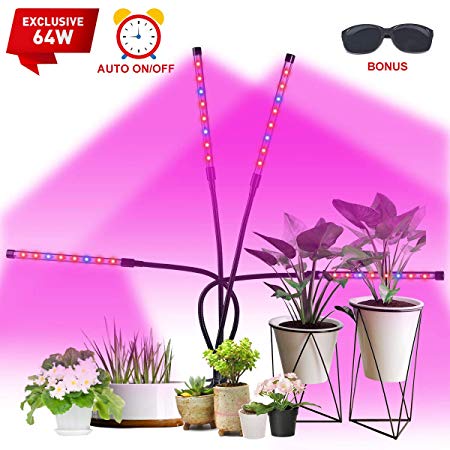 Led Grow Light, Exclusive 64W 4 Heads Plant Growing Lamp Bulbs Auto ON&Off with 4/8/12 H Timer Improved Clip Thicken Gooseneck for Indoor Plants Veg and Flower