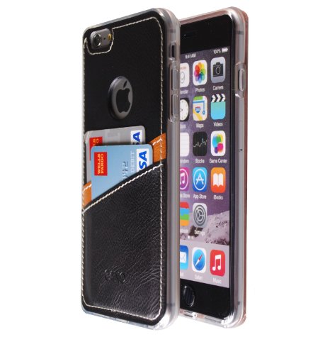 [Card Pocket Case] Synthetic Leather Soft Leather Case [2 Card Slots] Ultra Slim Leather Case Back Cover [Soft Transparent TPU] for iPhone 6 / 6s (Black)