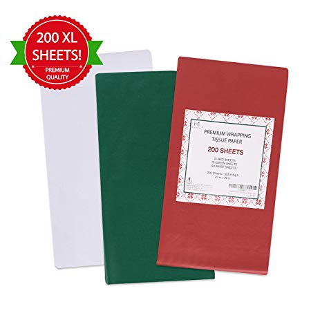 MOMONI Premium 200 Sheets 20” x 20” Christmas Tissue Paper Bulk (Red, Green, White) for Tissue Paper Christmas Gift Wrapping for Gifts, Wine Bottles, and Christmas Gift Decoration.